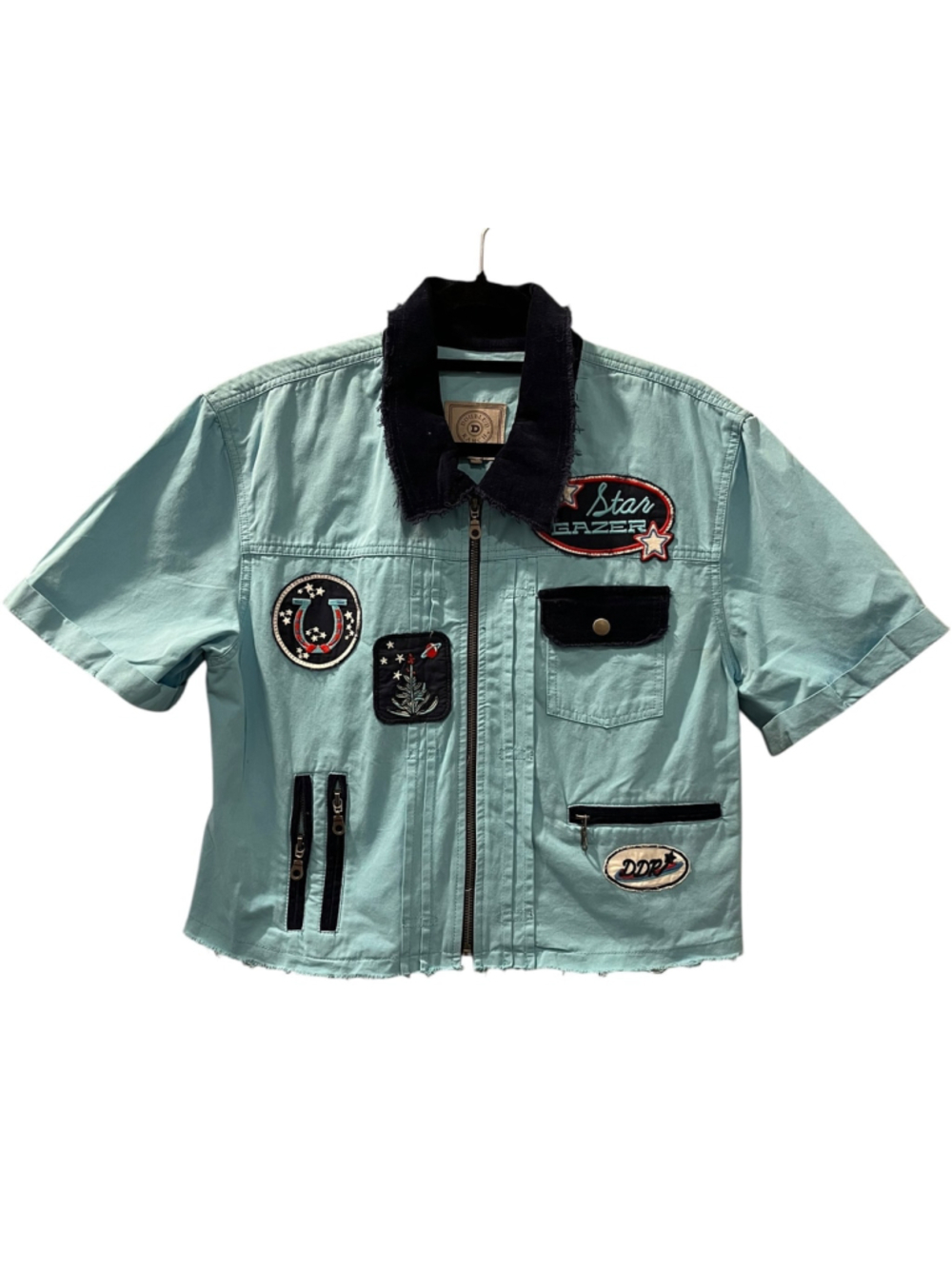 Double D Ranch Stargazer Short Sleeve Patch Utility Jacket Blue Large Corduroy